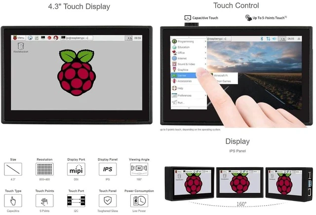 Alt view image 6 of 7 - 4.3inch DSI LCD Capacitive Touch Display with Protection Case for Raspberry Pi 4 B,800×480 Resolution IPS Screen Wide Angle,MIPI DSI Interface