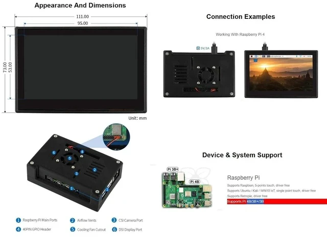 Alt view image 7 of 7 - 4.3inch DSI LCD Capacitive Touch Display with Protection Case for Raspberry Pi 4 B,800×480 Resolution IPS Screen Wide Angle,MIPI DSI Interface