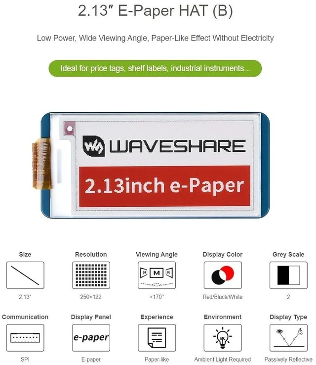 Alt view image 2 of 7 - Three Color 2.13inch E-Ink Display HAT (B), 212x104 Resolution 3.3V/5V Red Black White E-Paper Display Screen for Raspberry Zero/Zero W/Zero WH/2B/3B/3B+ SPI Interface,Full Refresh