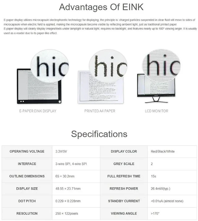 Alt view image 3 of 7 - Three Color 2.13inch E-Ink Display HAT (B), 212x104 Resolution 3.3V/5V Red Black White E-Paper Display Screen for Raspberry Zero/Zero W/Zero WH/2B/3B/3B+ SPI Interface,Full Refresh