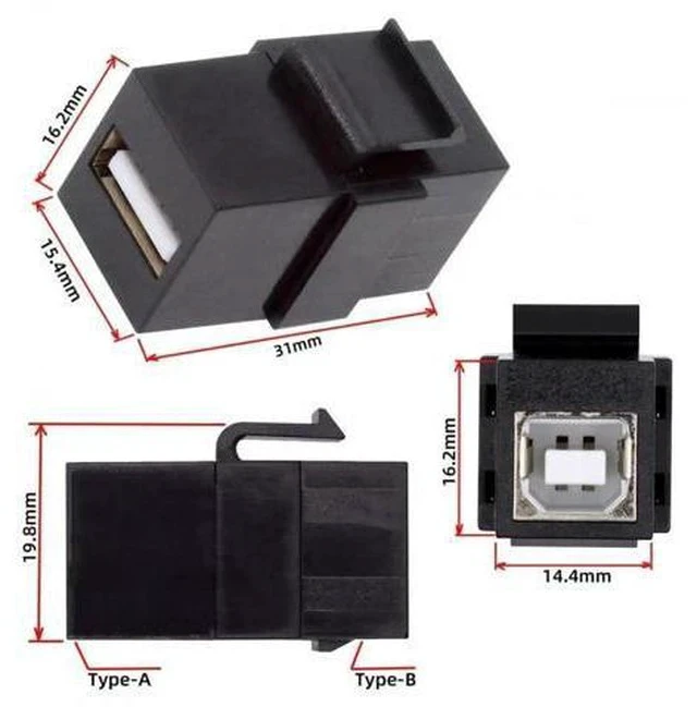 Alt view image 7 of 7 - USB2.0 Type-A Female to Type-B Female Keystone Jack Coupler Adapter for Wall Plate & Panel Cabling