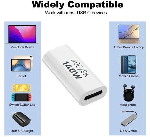 Alt view image 6 of 6 - 2 Pack White USB C Female to Female Coupler Adapter, 40Gbps Data 140W PD Charging 8K@60Hz Video Type-C Extender Connector Compatible with Thunderbolt 3/4, MacBook Pro/Air, Laptops, Phones & All USB-C