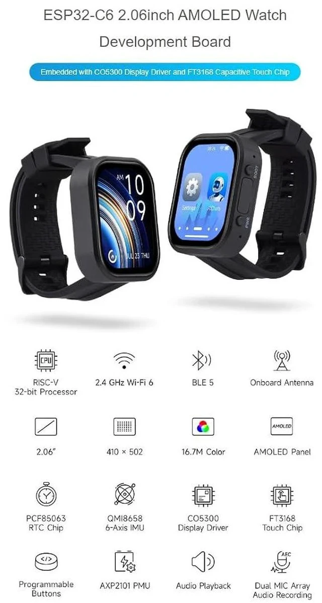 Alt view image 2 of 7 - ESP32-C6 2.06inch AMOLED Touch Watch Development Board,410 × 502 Pixels Capacitive Touch Display,Supports WiFi 6 / Bluetooth 5 / Zigbee,Supports AI Speech Interaction