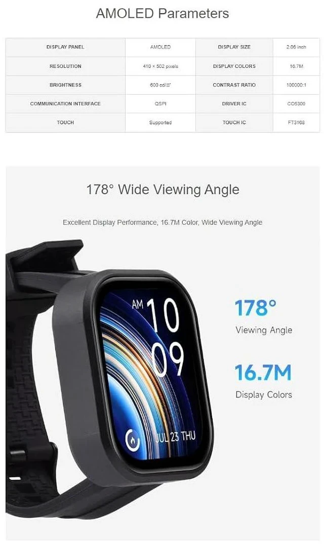 Alt view image 3 of 7 - ESP32-C6 2.06inch AMOLED Touch Watch Development Board,410 × 502 Pixels Capacitive Touch Display,Supports WiFi 6 / Bluetooth 5 / Zigbee,Supports AI Speech Interaction