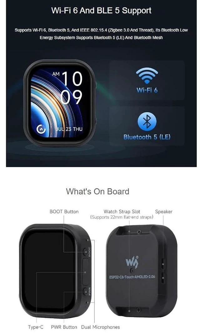 Alt view image 5 of 7 - ESP32-C6 2.06inch AMOLED Touch Watch Development Board,410 × 502 Pixels Capacitive Touch Display,Supports WiFi 6 / Bluetooth 5 / Zigbee,Supports AI Speech Interaction