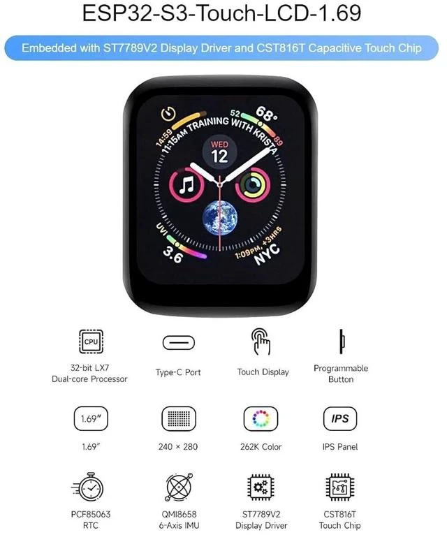 Alt view image 2 of 7 - ESP32-S3 Development Board with Onboard 1.69inch Touch LCD Display, 240280 Pixels, 262K Color Micro LCD Display, ESP32-S3, Accelerometer and Gyroscope Sensor