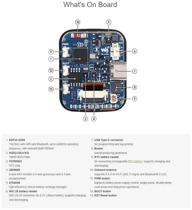 Alt view image 4 of 7 - ESP32-S3 Development Board with Onboard 1.69inch Touch LCD Display, 240280 Pixels, 262K Color Micro LCD Display, ESP32-S3, Accelerometer and Gyroscope Sensor