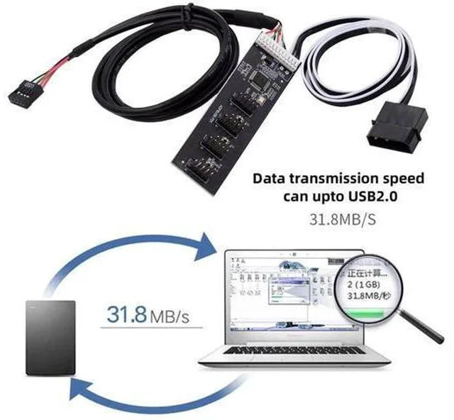 Alt view image 6 of 7 - USB 2.0 9/10Pin Header 1 to 4 Splitter Cable with IDE 5V Power Connector, Internal Port Multiplier Hub for PC