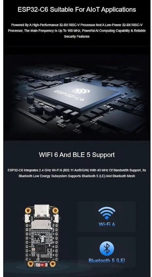 Alt view image 3 of 7 - 2 Pack ESP32-C6 1.47inch Display Development Board 172×320 Resolution 262K Color LCD, 32-bit RISC-V Processor,Supports Wi-Fi 6(802.11 b/g/n) and Bluetooth 5 (LE)