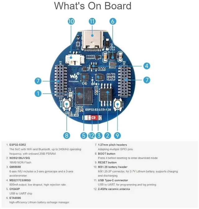 Alt view image 4 of 6 - ESP32-S3 Development Board Onboard 1.28inch Round LCD Display,32-bit LX7 Dual-core Processor,Support 2.4 GHz Wi-Fi and Bluetooth 5(LE),Embedded GC9A01 Driver Chip