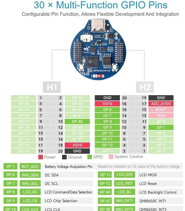 Alt view image 5 of 6 - ESP32-S3 Development Board Onboard 1.28inch Round LCD Display,32-bit LX7 Dual-core Processor,Support 2.4 GHz Wi-Fi and Bluetooth 5(LE),Embedded GC9A01 Driver Chip