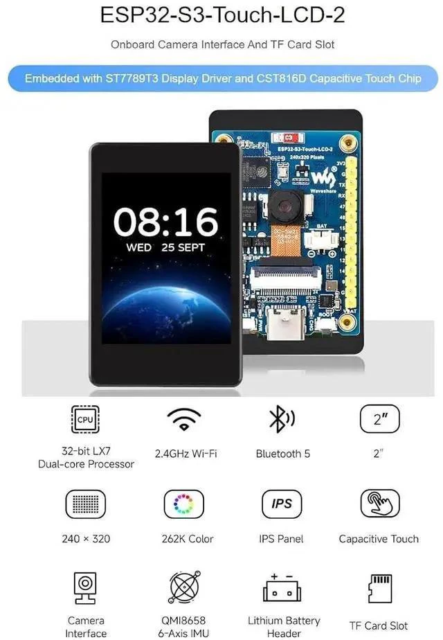 Alt view image 2 of 7 - ESP32-S3 2inch Capacitive Touch Display Development Board 240×320 Pixels IPS Screen Embedded with ST7789T3 Driver and CST816D Chip,Come with OV5640 Camera,Supports WiFi & Bluetooth