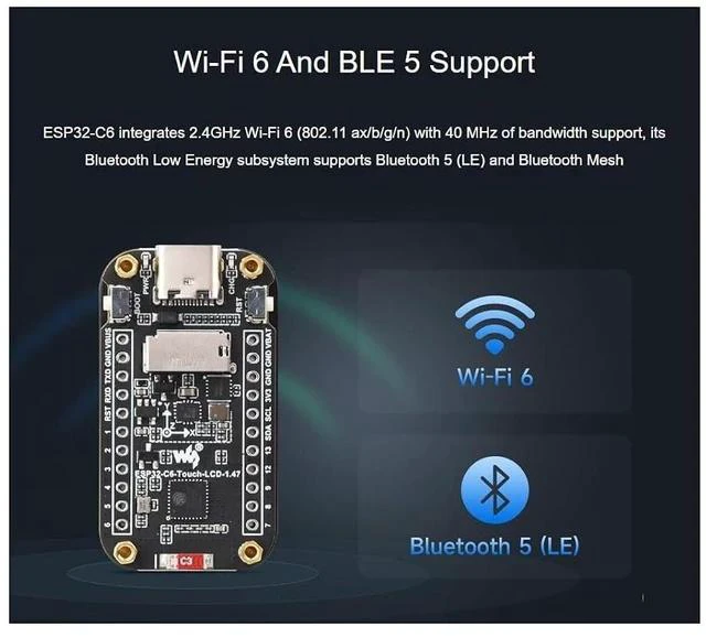 Alt view image 3 of 7 - ESP32-C6 1.47inch Capacitive Touch Display Development Board 172×320 Resolution 262K Color LCD,Supports Wi-Fi 6(802.11 b/g/n) and Bluetooth 5 (LE),160MHz RISC-V Processor