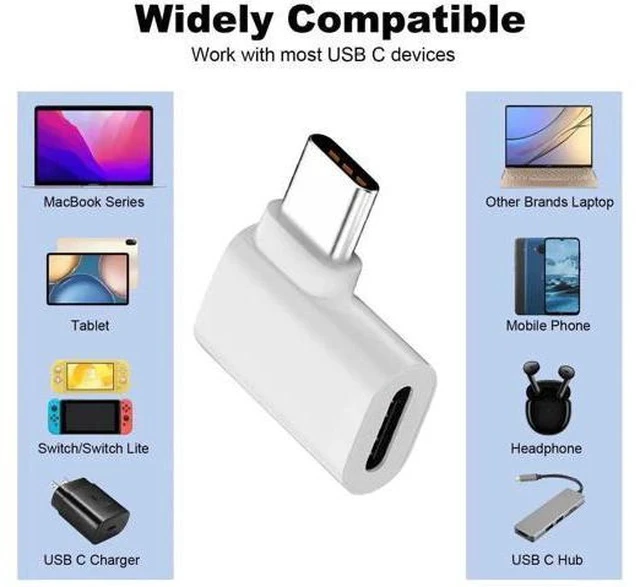Alt view image 4 of 6 - 2 Pack White 90 Degree Right Angle USB C Male to Female Elbow Adapter, 140W PD Fast Charging Type-C Extender Compatible with Thunderbolt 3/4, MacBook Pro/Air, Laptops, Phones & All USB-C Devices