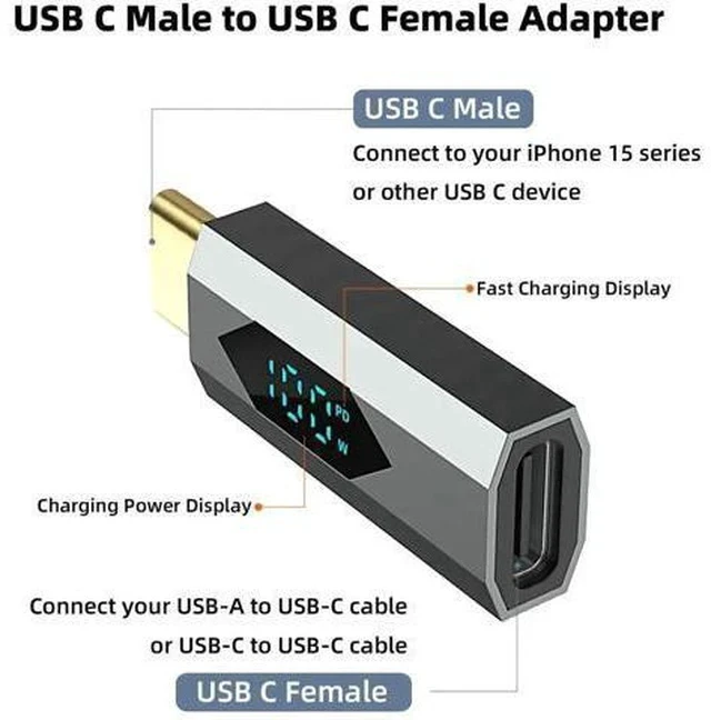 Alt view image 3 of 6 - 2 Pack Digital Display USB-C Male to Female Adapter, 100W PD Type-C Power Meter Tester with LED Wattage Screen Compatible with iPhone 15 Series, iPad Air/Pro, MacBook, All USB-C Devices, Grey