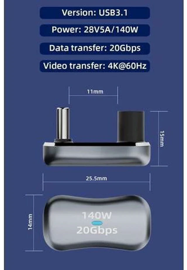 Alt view image 6 of 6 - 2 Pack 180 Degree U-Shaped USB C Male to Female Adapter, 20Gbps 140W PD Type-C Flat Elbow Connector Compatible with Steam Deck, Switch, Laptop, Tablet, All USB-C Phones