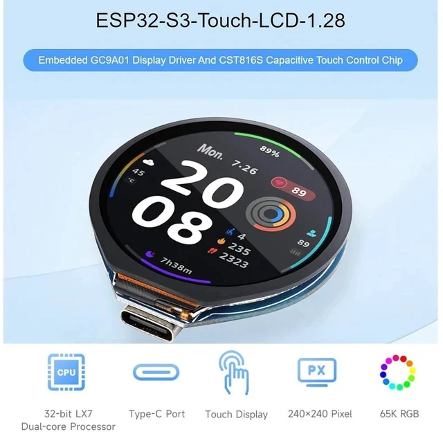 Alt view image 3 of 7 - ESP32-S3 Development Board Onboard 1.28inch Round Touch LCD Display,32-bit LX7 Dual-core Processor,Support 2.4 GHz Wi-Fi and Bluetooth 5(LE) ,Embedded GC9A01 Driver And CST816S Touch Control Chip