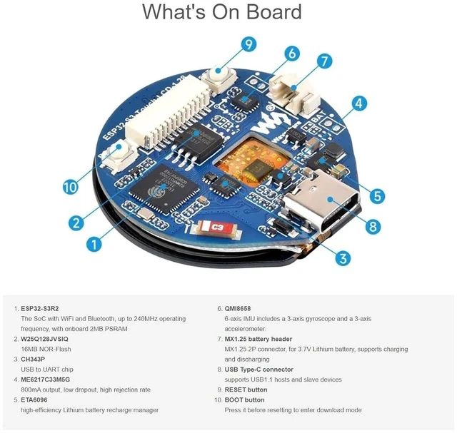 Alt view image 6 of 7 - ESP32-S3 Development Board Onboard 1.28inch Round Touch LCD Display,32-bit LX7 Dual-core Processor,Support 2.4 GHz Wi-Fi and Bluetooth 5(LE) ,Embedded GC9A01 Driver And CST816S Touch Control Chip