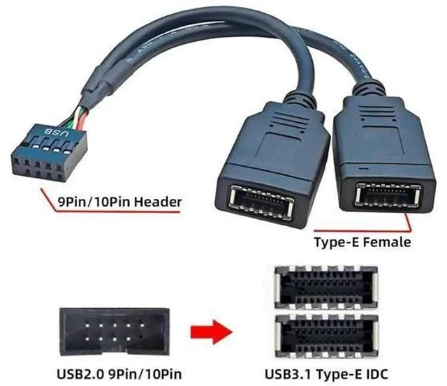 Alt view image 6 of 7 - 0.49FT USB2.0 9Pin Male to Dual KeyA TypeE Female Splitter Cable, Mainboard Header to Front Panel Port Extension Cord