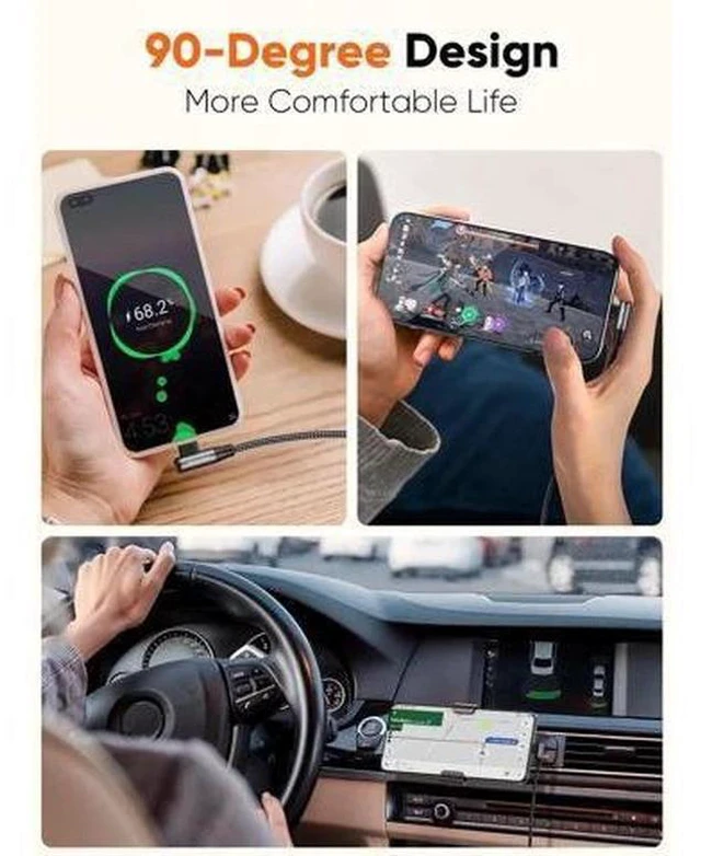 Alt view image 2 of 7 - 3.3FT 90 Degree Right Angle USB C Cable, Nylon Braided 3A Charging Cord for Car CarPlay, iPhone 15, Galaxy S24/S23, MacBook, iPad & Switch