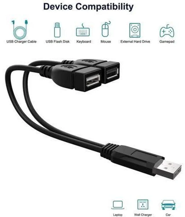 Alt view image 5 of 6 - 2-Port USB 2.0 Male to Dual Female Splitter Cable, High Speed Data & Charging Cord for PC, Laptop, Car, TV, Xbox, External HDD