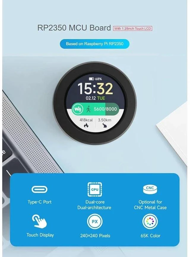 Alt view image 2 of 6 - RP2350 MCU Board with 1.28inch Round Touch LCD with Metal Case,240×240 Pixels 65K Color IPS Display,6-axis SensorDual-core & Dual-Architecture Design