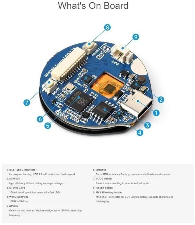 Alt view image 4 of 6 - RP2350 MCU Board with 1.28inch Round Touch LCD with Metal Case,240×240 Pixels 65K Color IPS Display,6-axis SensorDual-core & Dual-Architecture Design
