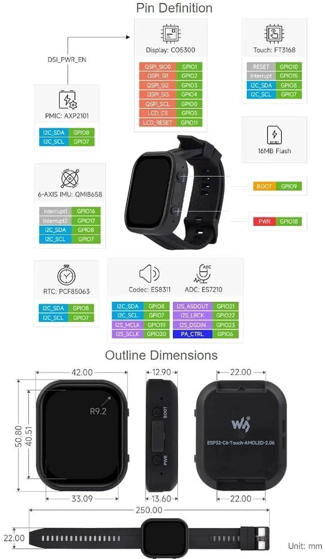 Alt view image 7 of 7 - ESP32-C6 2.06inch AMOLED Touch Watch Development Board,410 × 502 Pixels Capacitive Touch Display,Supports WiFi 6 / Bluetooth 5 / Zigbee,Supports AI Speech Interaction