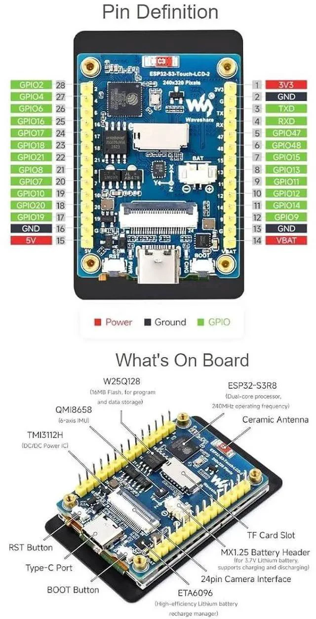 Alt view image 6 of 7 - ESP32-S3 2inch Capacitive Touch Display Development Board 240×320 Pixels IPS Screen Embedded with ST7789T3 Driver and CST816D Chip,Come with OV5640 Camera,Supports WiFi & Bluetooth