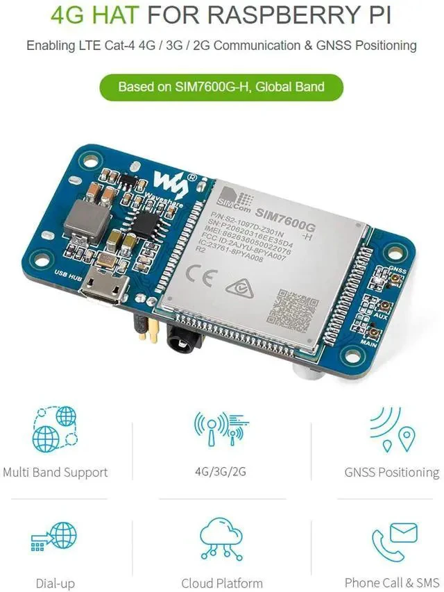 Alt view image 2 of 7 - SIM7600G-H 4G HAT Module for Raspberry Pi and PC,Support LTE Cat-4 4G 3G 2G Communication and GNSS Positioning,Global Band,up to 50Mbps Uplink, 150Mbps Downlink