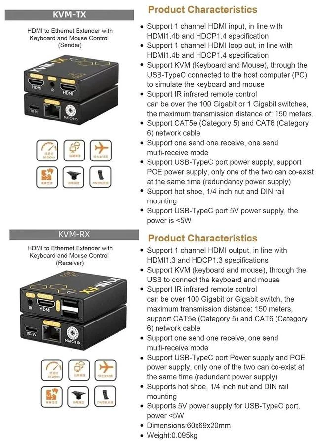 Alt view image 4 of 7 - HD-MI KVM Extender Over Cat5e/Cat6, 1 Transmitter to Multiple Receivers, USB Keyboard Mouse Control, IR Remote, 150m Transmission Distance,Support HDMI 1.4b HDCP 1.4 (KVM-RX Receiver)