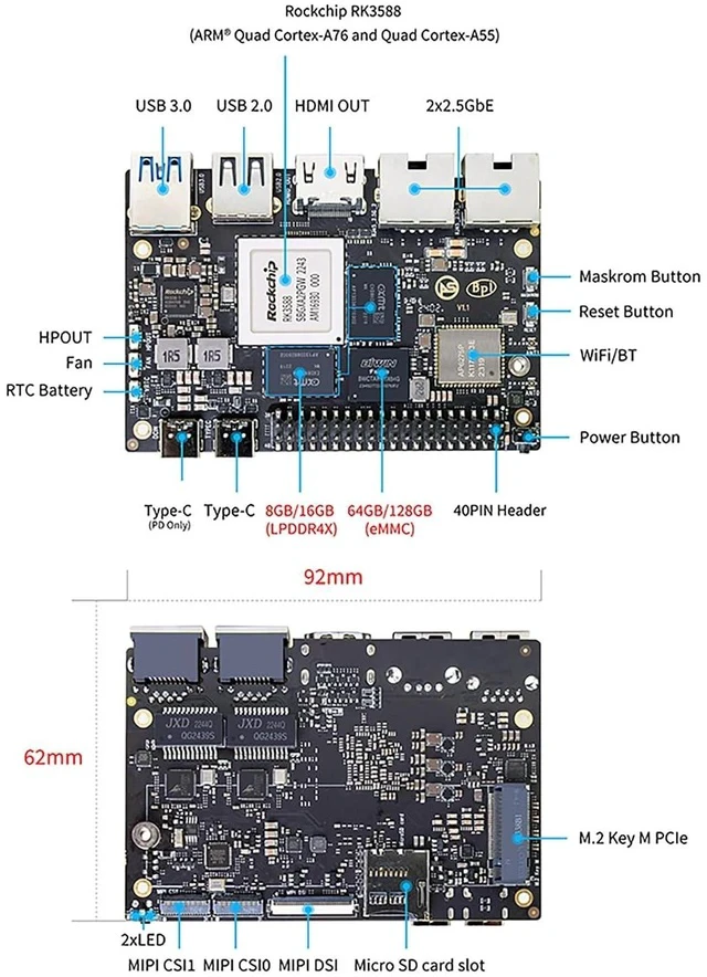 Alt view image 5 of 5 - Banana Pi BPI-M7 Pico-ITX Motherboard RK3588 SBC: 6 Tops NPU AI Accelerator, 8K Video, Dual 2.5G Ethernet, WiFi 6, BT5.2 - Android Linux Support - Ideal for Tinkerers (8+64GB)