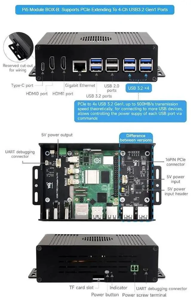 Alt view image 4 of 7 - Multi-functional All-in-one Mini-Computer Kit Designed for Raspberry Pi 5,Aluminum Alloy Case+Pi5 HDMI and Type-C adapter+PCIe to 4-ch USB 3.2 Gen1 adapter