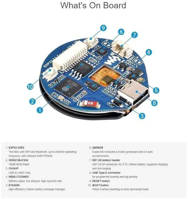Alt view image 5 of 7 - ESP32-S3 Development Board Onboard 1.28inch Round Touch LCD Display with CNC Metal Case,Support 2.4 GHz Wi-Fi and Bluetooth 5(LE),Embedded GC9A01 Driver and CST816S Touch Control Chip