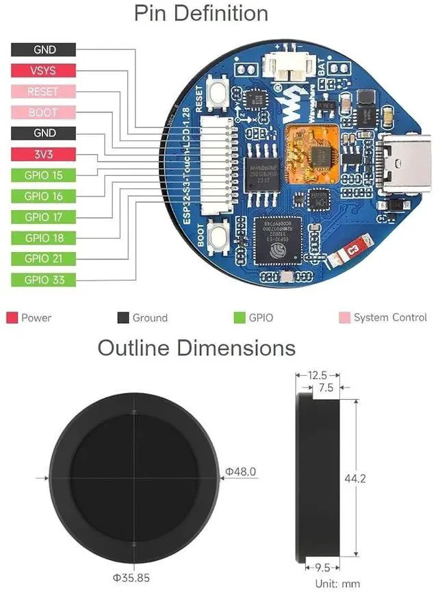 Alt view image 6 of 7 - ESP32-S3 Development Board Onboard 1.28inch Round Touch LCD Display with CNC Metal Case,Support 2.4 GHz Wi-Fi and Bluetooth 5(LE),Embedded GC9A01 Driver and CST816S Touch Control Chip