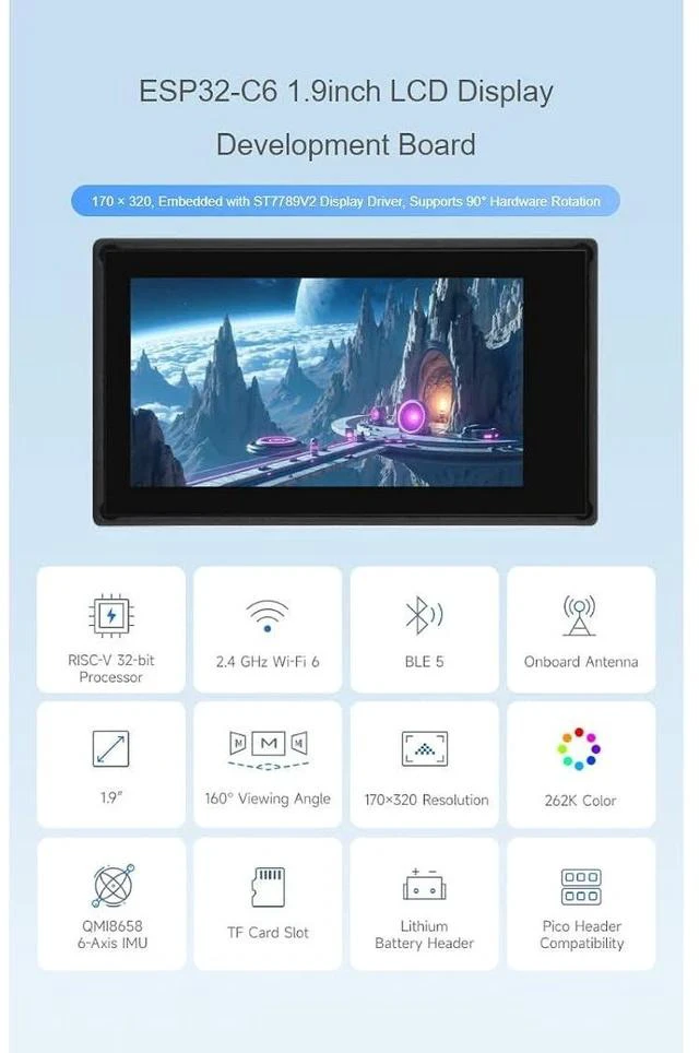 Alt view image 2 of 7 - ESP32-C6 1.9inch Touch Display Development Board,170×320 Pixels 262K Color LCD Screen Support 2.4GHz WiFi and Bluetooth BLE 5 Supports 90°Hardware Rotation