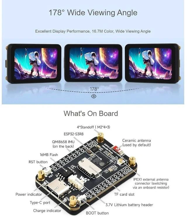 Alt view image 4 of 7 - ESP32-S3 1.64inch AMOLED Capacitive Touch Display Development Board 280×456 Resolution 16.7M Color Display,178° Wide Viewing Angle,Support Wi-Fi and BLE 5,QSPI Interface