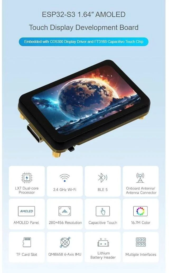 Alt view image 3 of 7 - ESP32-S3 1.64inch AMOLED Capacitive Touch Display Development Board 280×456 Resolution 16.7M Color Display,178° Wide Viewing Angle,Support Wi-Fi and BLE 5,QSPI Interface
