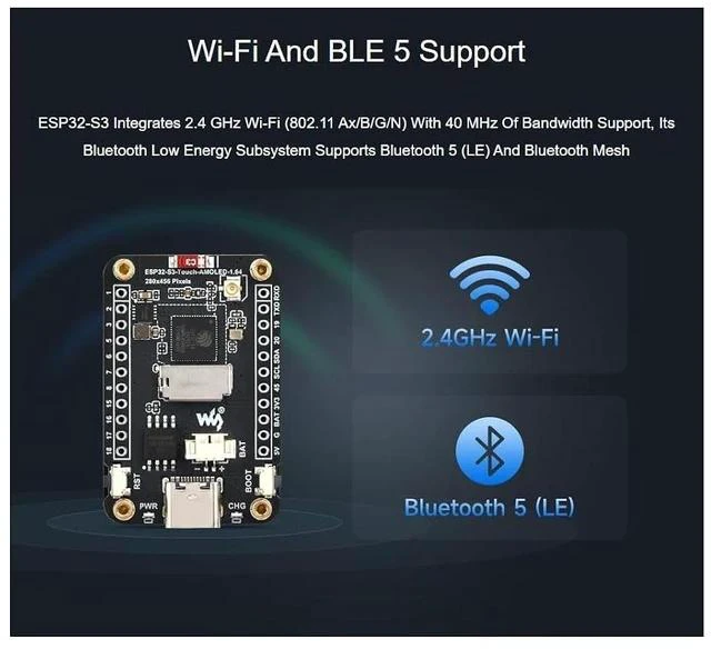 Alt view image 5 of 7 - ESP32-S3 1.64inch AMOLED Capacitive Touch Display Development Board 280×456 Resolution 16.7M Color Display,178° Wide Viewing Angle,Support Wi-Fi and BLE 5,QSPI Interface