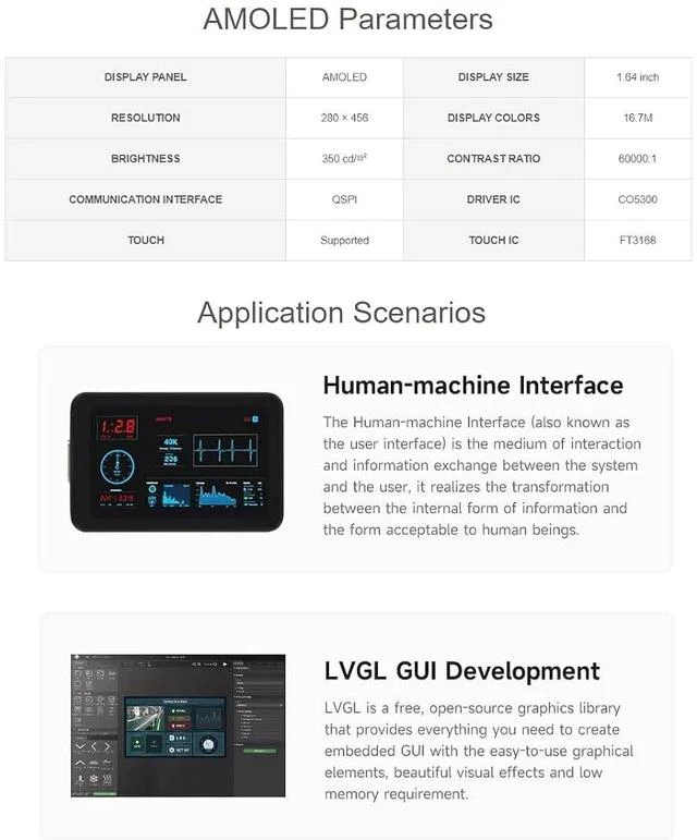 Alt view image 7 of 7 - ESP32-S3 1.64inch AMOLED Capacitive Touch Display Development Board 280×456 Resolution 16.7M Color Display,178° Wide Viewing Angle,Support Wi-Fi and BLE 5,QSPI Interface