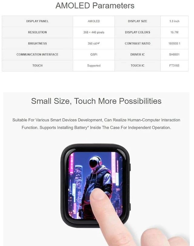 Alt view image 4 of 7 - RP2350 1.8inch Touch AMOLED Display Development Board 368×448 Pixels 16.7M Color Display,Embedded with SH8601 Display Driver and FT3168 Capacitive Touch Chip