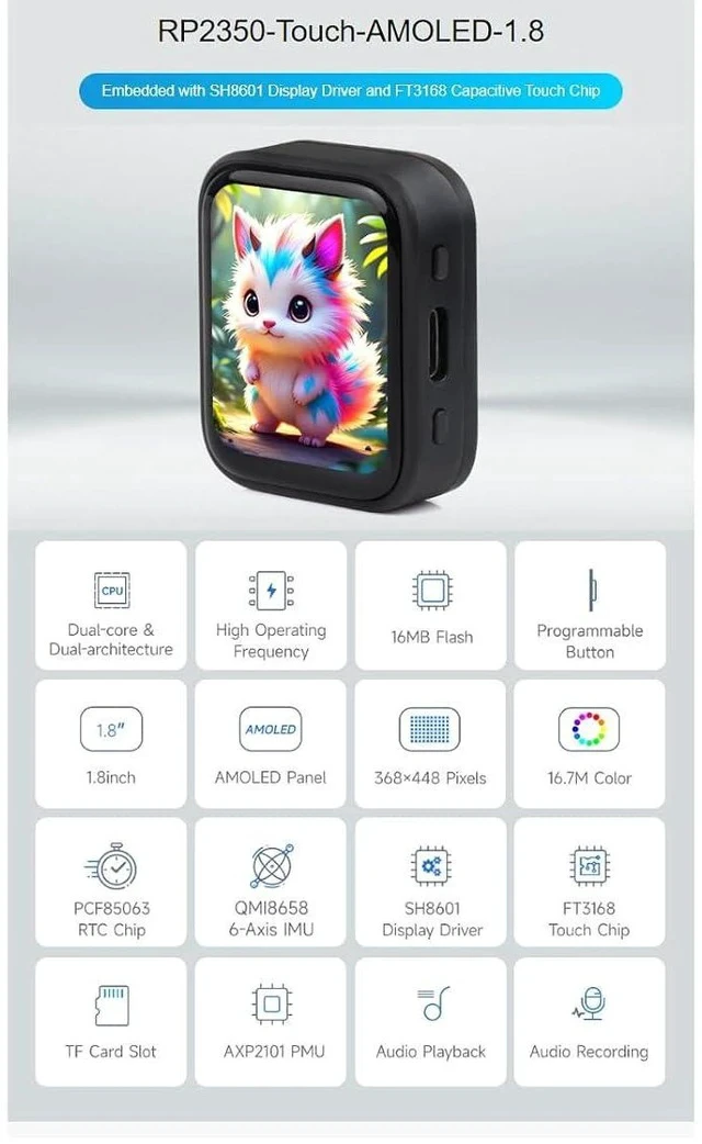 Alt view image 2 of 7 - RP2350 1.8inch Touch AMOLED Display Development Board 368×448 Pixels 16.7M Color Display,Embedded with SH8601 Display Driver and FT3168 Capacitive Touch Chip