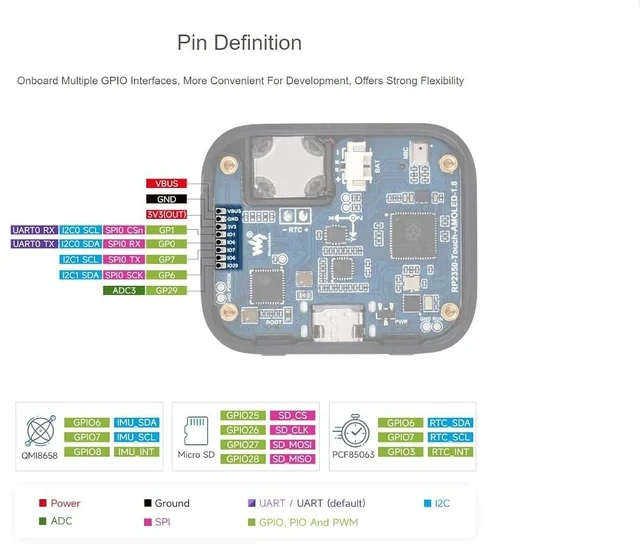 Alt view image 6 of 7 - RP2350 1.8inch Touch AMOLED Display Development Board 368×448 Pixels 16.7M Color Display,Embedded with SH8601 Display Driver and FT3168 Capacitive Touch Chip