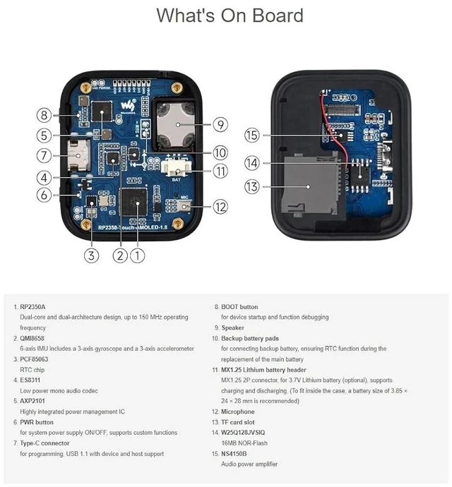 Alt view image 7 of 7 - RP2350 1.8inch Touch AMOLED Display Development Board 368×448 Pixels 16.7M Color Display,Embedded with SH8601 Display Driver and FT3168 Capacitive Touch Chip