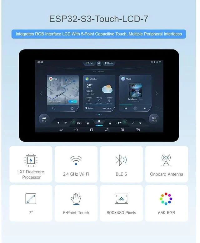 Alt view image 2 of 7 - ESP32-S3 7inch Capacitive Touch Screen Development Board 800×480 Resolution 7 inch 65K RGB LCD Disply,5-Point Touch,Supports WiFi & Bluetooth