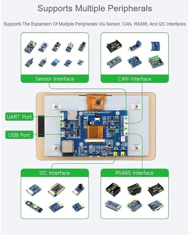 Alt view image 4 of 7 - ESP32-S3 7inch Capacitive Touch Screen Development Board 800×480 Resolution 7 inch 65K RGB LCD Disply,5-Point Touch,Supports WiFi & Bluetooth