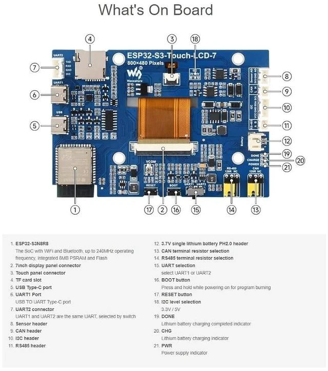 Alt view image 6 of 7 - ESP32-S3 7inch Capacitive Touch Screen Development Board 800×480 Resolution 7 inch 65K RGB LCD Disply,5-Point Touch,Supports WiFi & Bluetooth