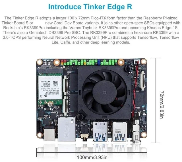 Alt view image 3 of 7 - Tinker Edge R SBC Rockchip RK3399Pro Mini Motherboard with 4G RAM 2GB Rockchip NPU 16GB eMMC 3TOPS (Pro Version 6GB+16GB)