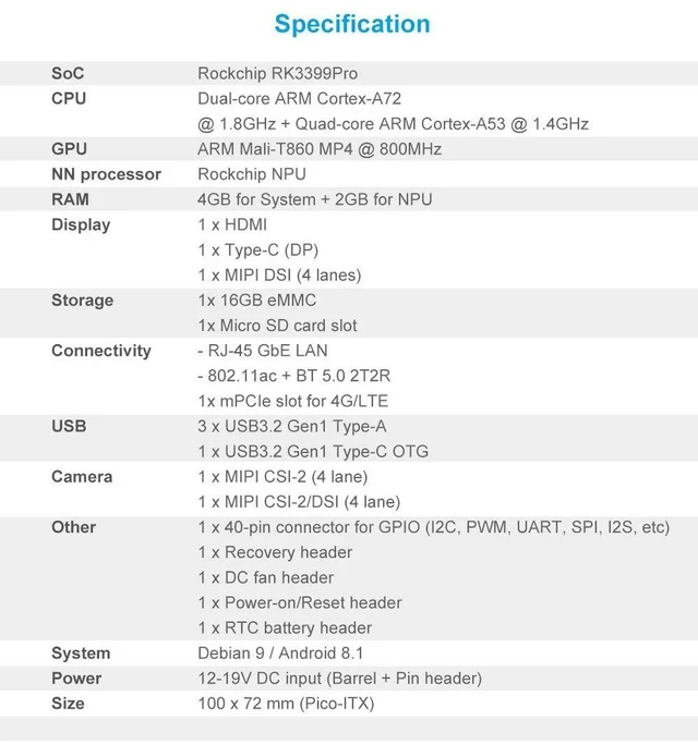 Alt view image 7 of 7 - Tinker Edge R SBC Rockchip RK3399Pro Mini Motherboard with 4G RAM 2GB Rockchip NPU 16GB eMMC 3TOPS (Pro Version 6GB+16GB)