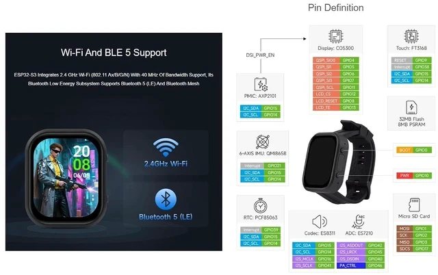 Alt view image 6 of 7 - ESP32-S3 2.06inch AMOLED Touch Watch Development Board Based on ESP32-S3R8 Microcontroller(Not Include Battery), Supports Offline Voice Recognition and AI Speech Interaction